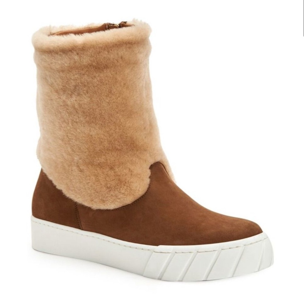 Aquatalia‎ Designer Nelle Suede Shearling Fur Boots Sz 8 M Tan Chestnut Sand